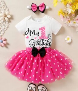 Toddler Baby Girls 1st 2nd Birthday Outfit Mini Polka Dots Romper Tutu Dress Mouse Ears Headband Princess Skirt Set for Photo Shoot 1 Year Hot Pink