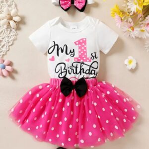 Toddler Baby Girls 1st 2nd Birthday Outfit Mini Polka Dots Romper Tutu Dress Mouse Ears Headband Princess Skirt Set for Photo Shoot 1 Year Hot Pink