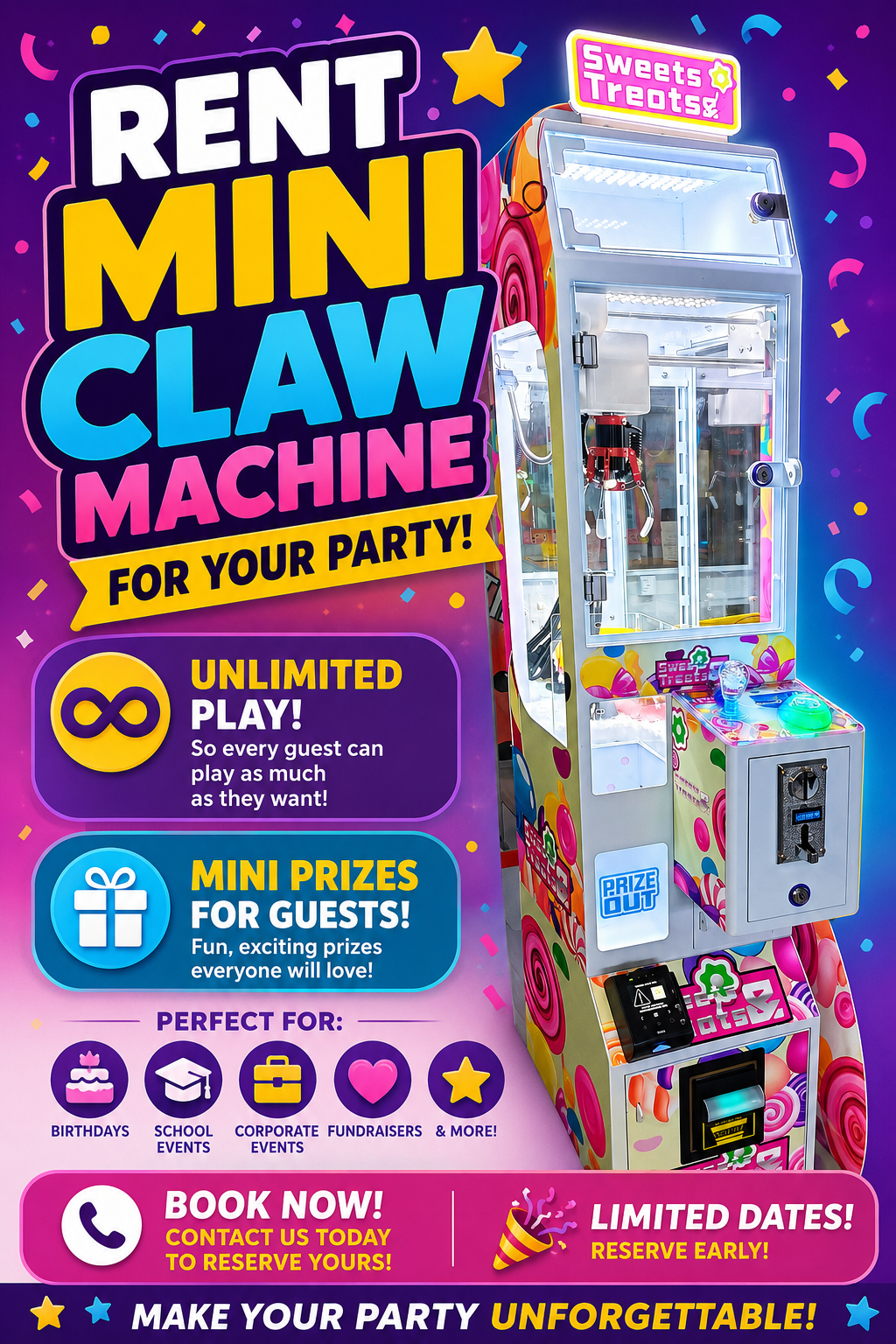 Mini Claw Machine Rental Miami | Candy Claw Machine Rental Near Me | Party Fun Rental